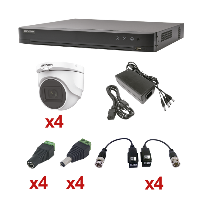 KIT TURBOHD 1080P / DVR 4 CANALES / 4 CÁMARAS DOMO (INTERIOR 2.8 MM) / TRANSCEPTORES / CONECTORES / FUENTE DE PODER PROFESIONAL-Kits Cámaras de Seguridad-HIKVISION-KH1080P4DW-Bsai Seguridad & Controles