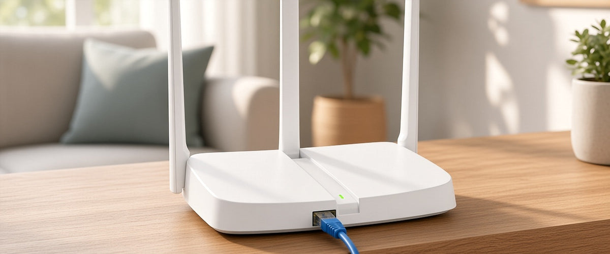 Router inalámbrico blanco con tres antenas externas sobre una mesa de madera en una sala