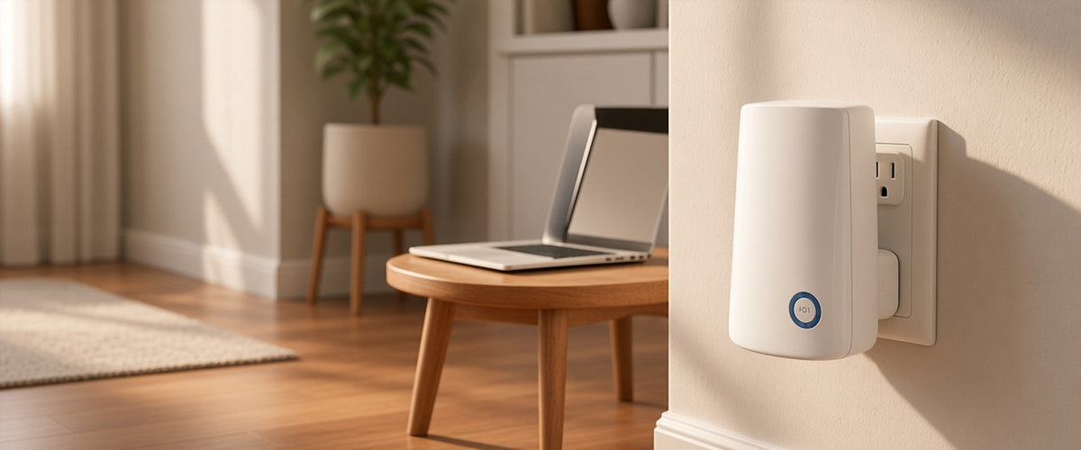 Repetidor Wi-Fi blanco conectado a un contacto de pared en un pasillo de una casa