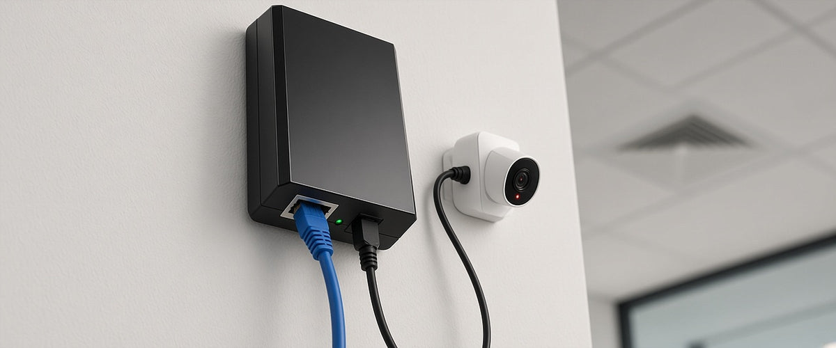 Splitter PoE negro instalado en una pared con cable de red y cable de alimentación hacia una cámara