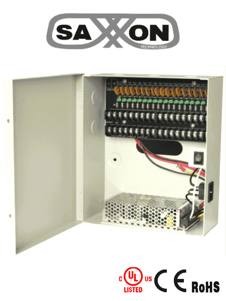 SAXXON PSU1210D18-FUENTE DE PODER REGULADA 12 V 10 AMPERES/ CON DISTRIBUIDOR PARA 18 CAMARAS/ 0.55 AMP POR CANAL-Fuentes con Distribuidor-SAXXON-Bsai Seguridad & Controles