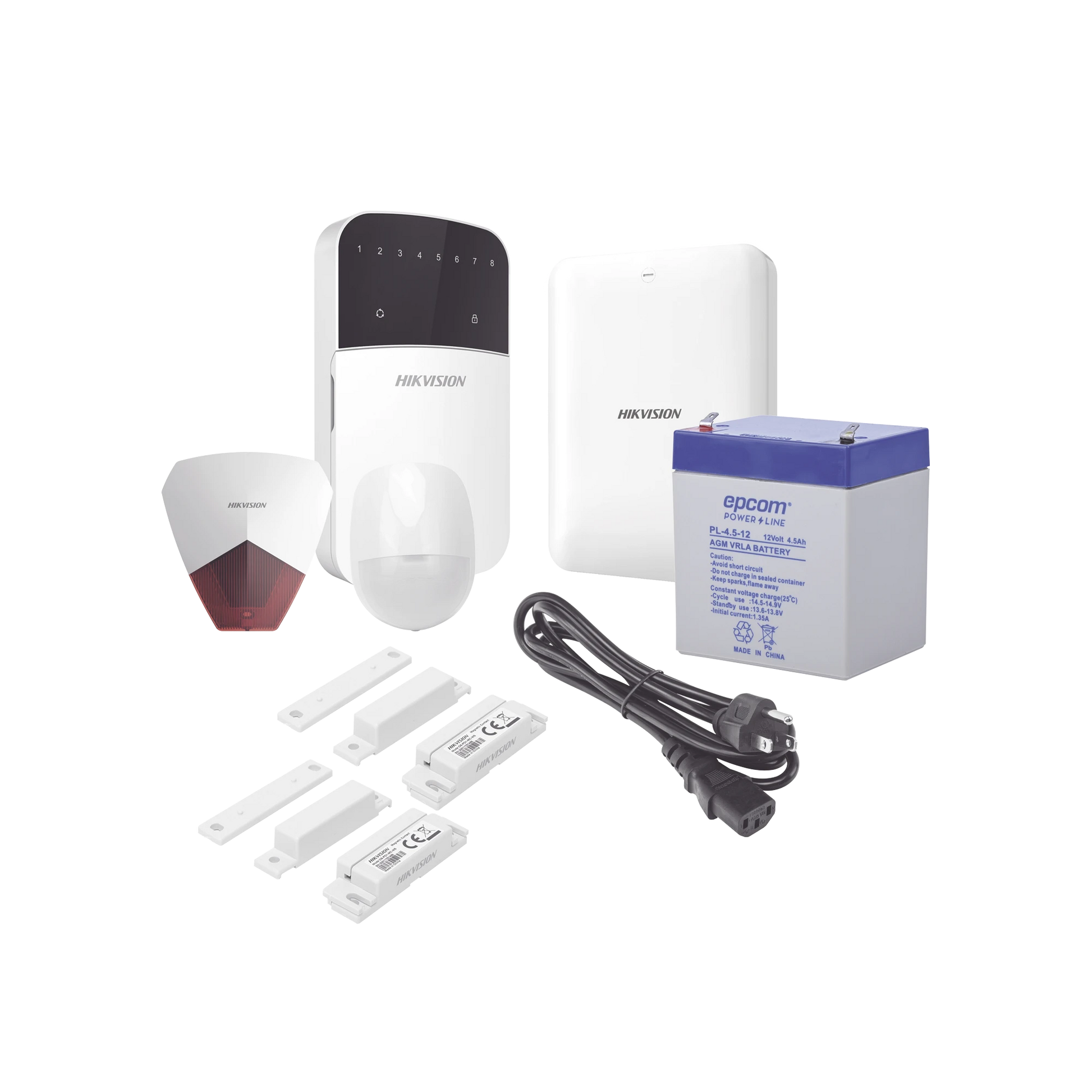 KIT PANEL DE ALARMA / 1 PANEL HÍBRIDO / 1 TECLADO 8 ZONAS / 1 PIR / 2 CONTACTOS MAGNÉTICOS / 1 CABLE DE ALIMENTACIÓN / 1 SIRENA/ 1 BATERIA DE 12VCC 4.5AMP-Alarmas-HIKVISION-Bsai Seguridad & Controles