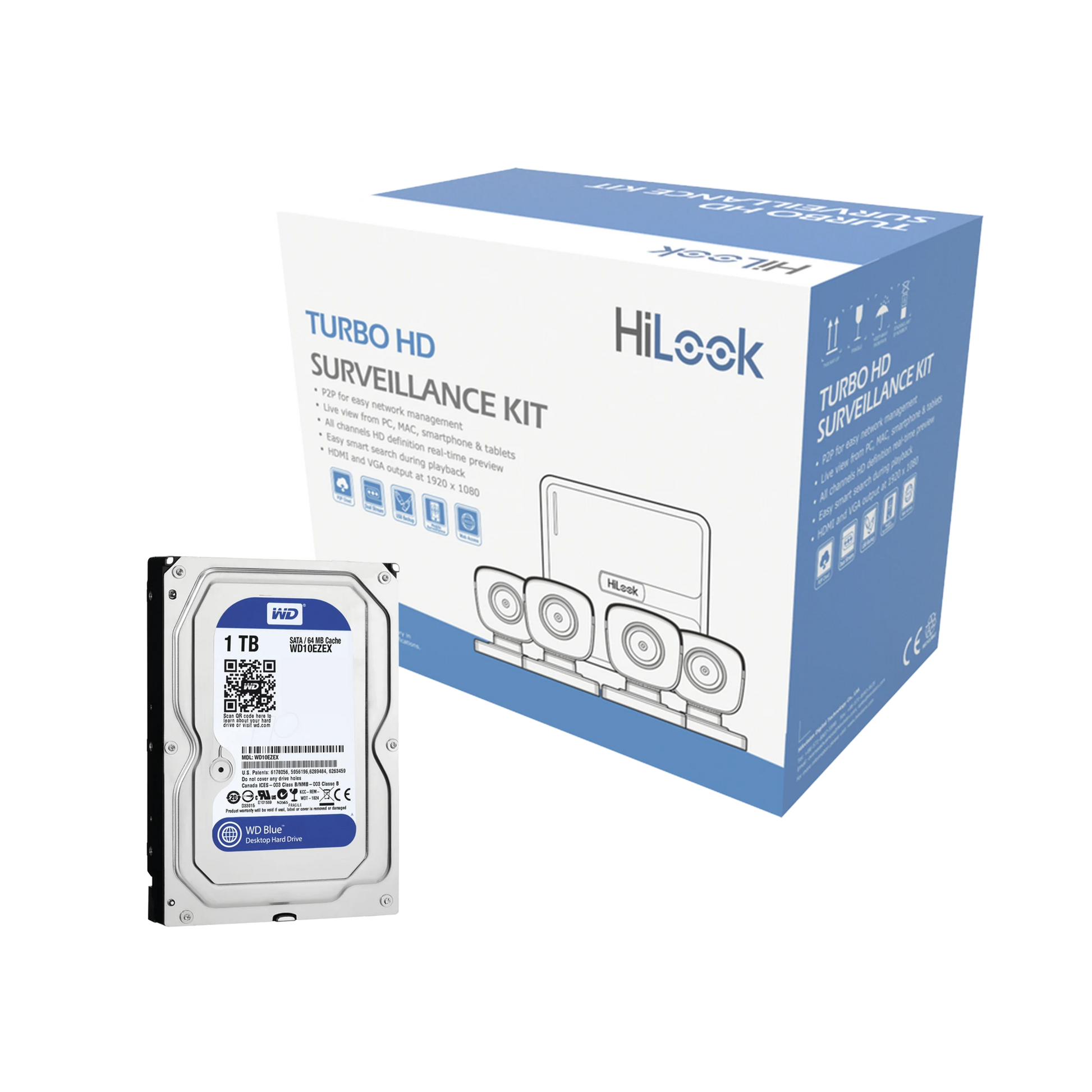 KIT TURBOHD 720P + DISCO DURO 1TB / DVR 4 CANALES / 4 CÁMARAS BALA DE POLICARBONATO / 4 CABLES 18 MTS / 1 FUENTE DE PODER PROFESIONAL-Kits Sistemas Completos-HiLook by HIKVISION-Bsai Seguridad & Controles