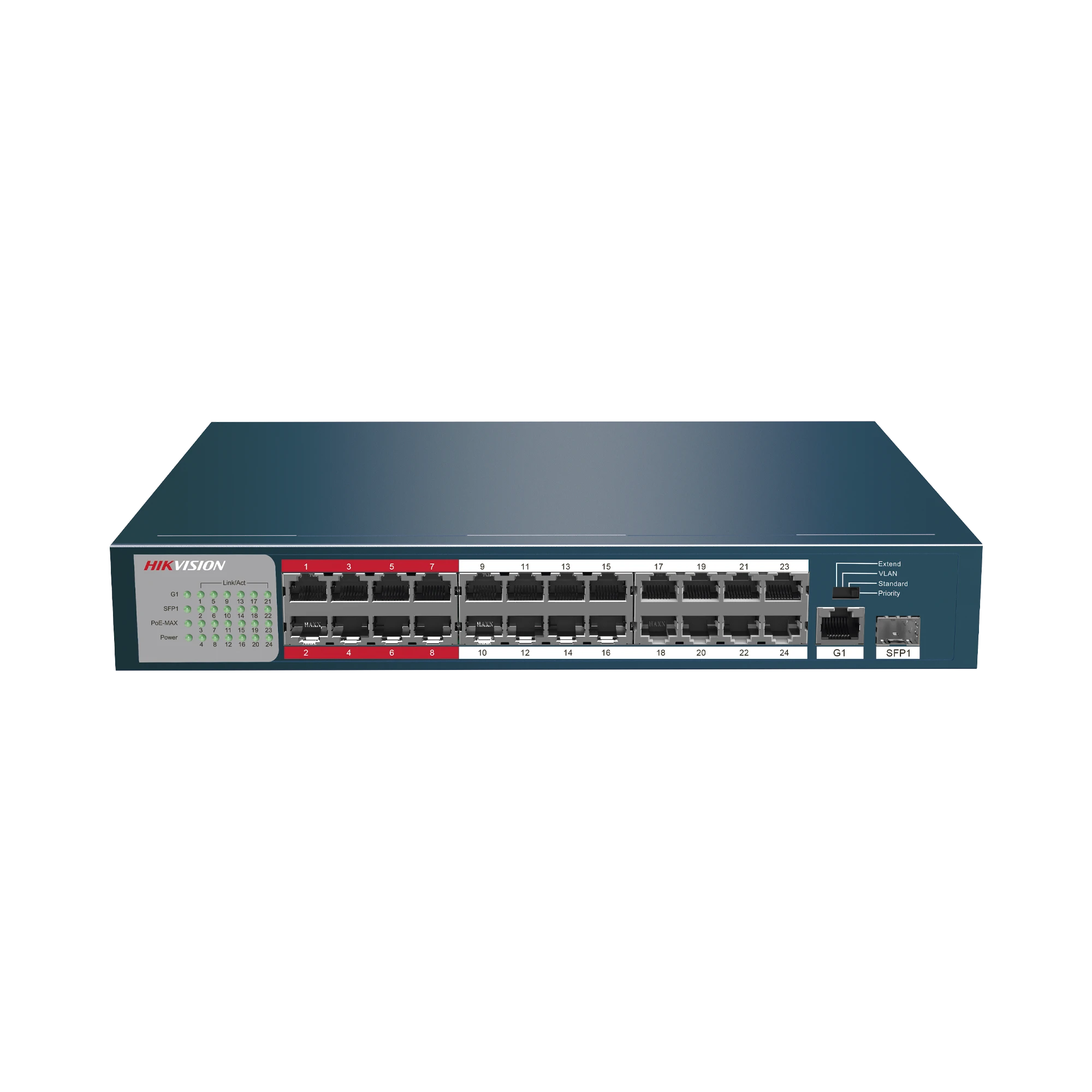 SWITCH NO ADMINISTRABLE 24 PUERTOS POE+ 100 MBPS / SWITCH POE 250 MTS LARGA DISTANCIA / 1 PUERTO SFP / 1 PUERTO UPLINK GIGABIT-Inyectores PoE-HIKVISION-Bsai Seguridad & Controles