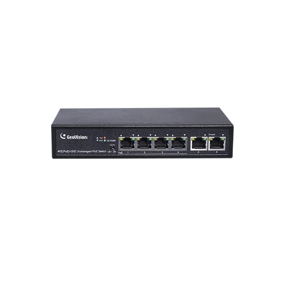 SWITCH GEOVISION GV-APOE0400 POE NO ADMINISTRADO 10/100 MBPS 4 PUERTOS POE IEEE 802.3AT, 32W POR PUERTO 2 PUERTOS FAST ETHERNET-Switches-GEOVISION-Bsai Seguridad & Controles