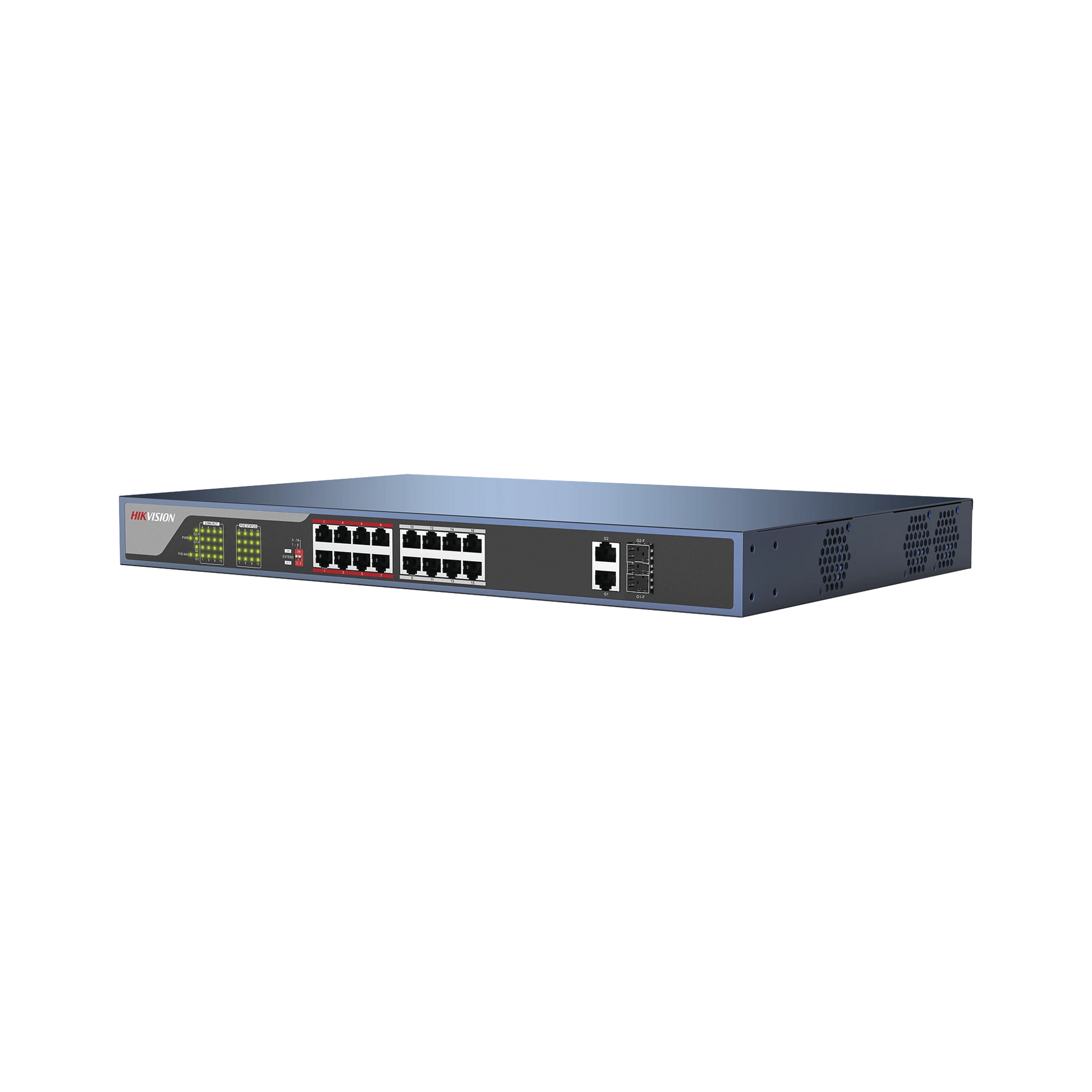 SWITCH POE 250 METROS LARGA DISTANCIA / 16 PUERTOS 802.3AT (30W) 10/100 MBPS + 2 PUERTOS GIGABIT + 2 PUERTOS SFP-PoE de Largo Alcance-HIKVISION-Bsai Seguridad & Controles