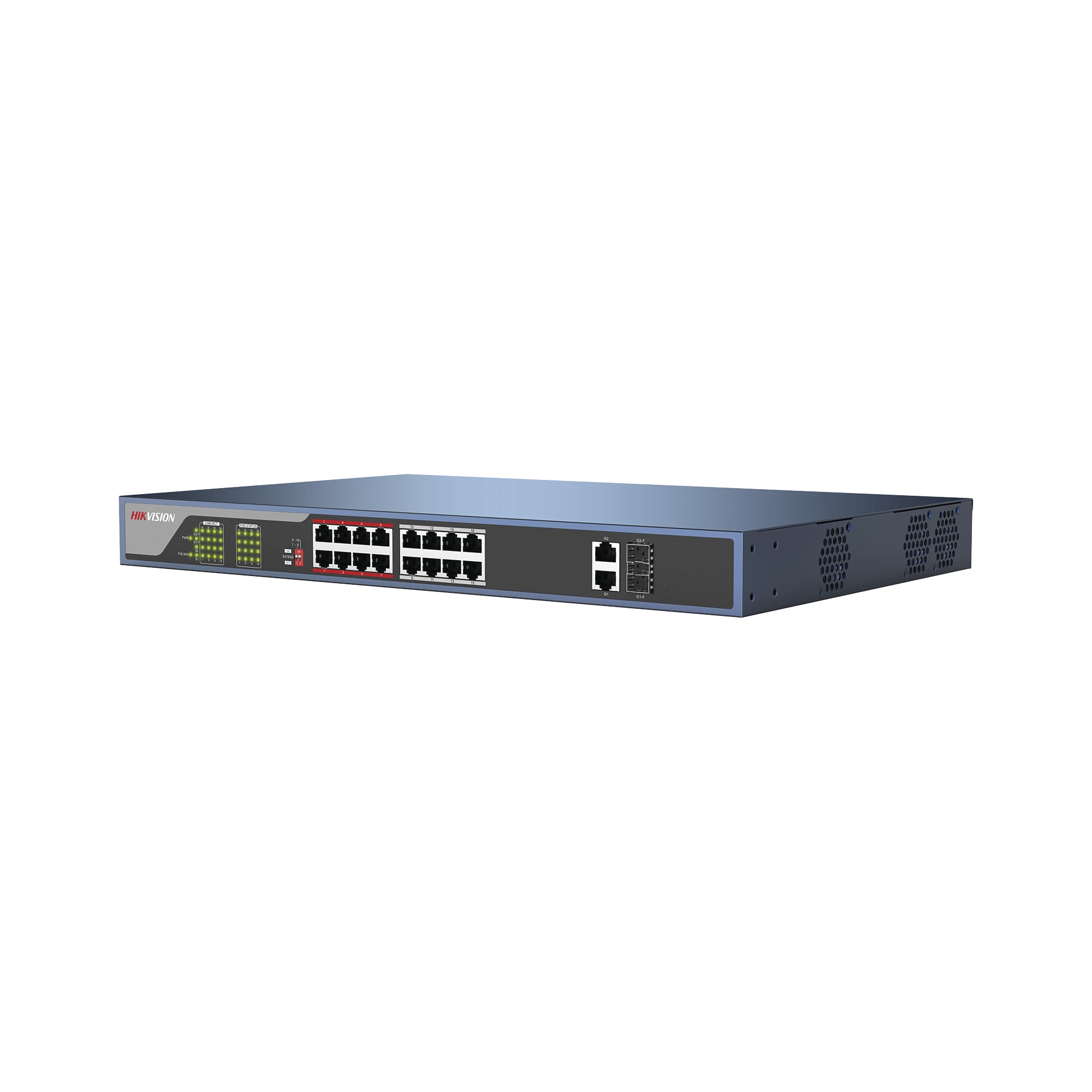 SWITCH POE 250 METROS LARGA DISTANCIA / 16 PUERTOS 802.3AT (30W) 10/100 MBPS + 2 PUERTOS GIGABIT + 2 PUERTOS SFP-PoE de Largo Alcance-HIKVISION-Bsai Seguridad & Controles