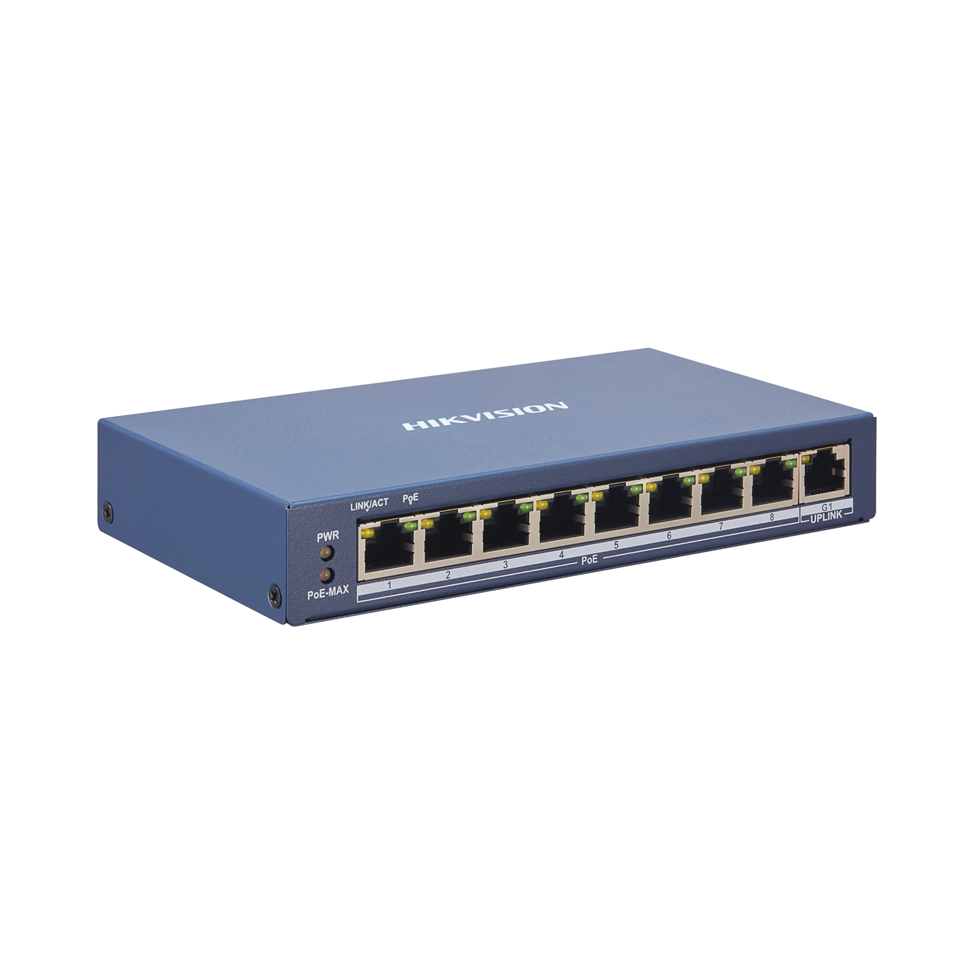 SWITCH MONITOREABLE DE 8 PUERTOS POE+ (HASTA 250 M), 10/100 MBPS, 1 PUERTO RJ45 UPLINK, 110 WATTS, CONEXIÓN REMOTA DESDE HIK-PROCONNECT-Inyectores PoE-HIKVISION-Bsai Seguridad & Controles