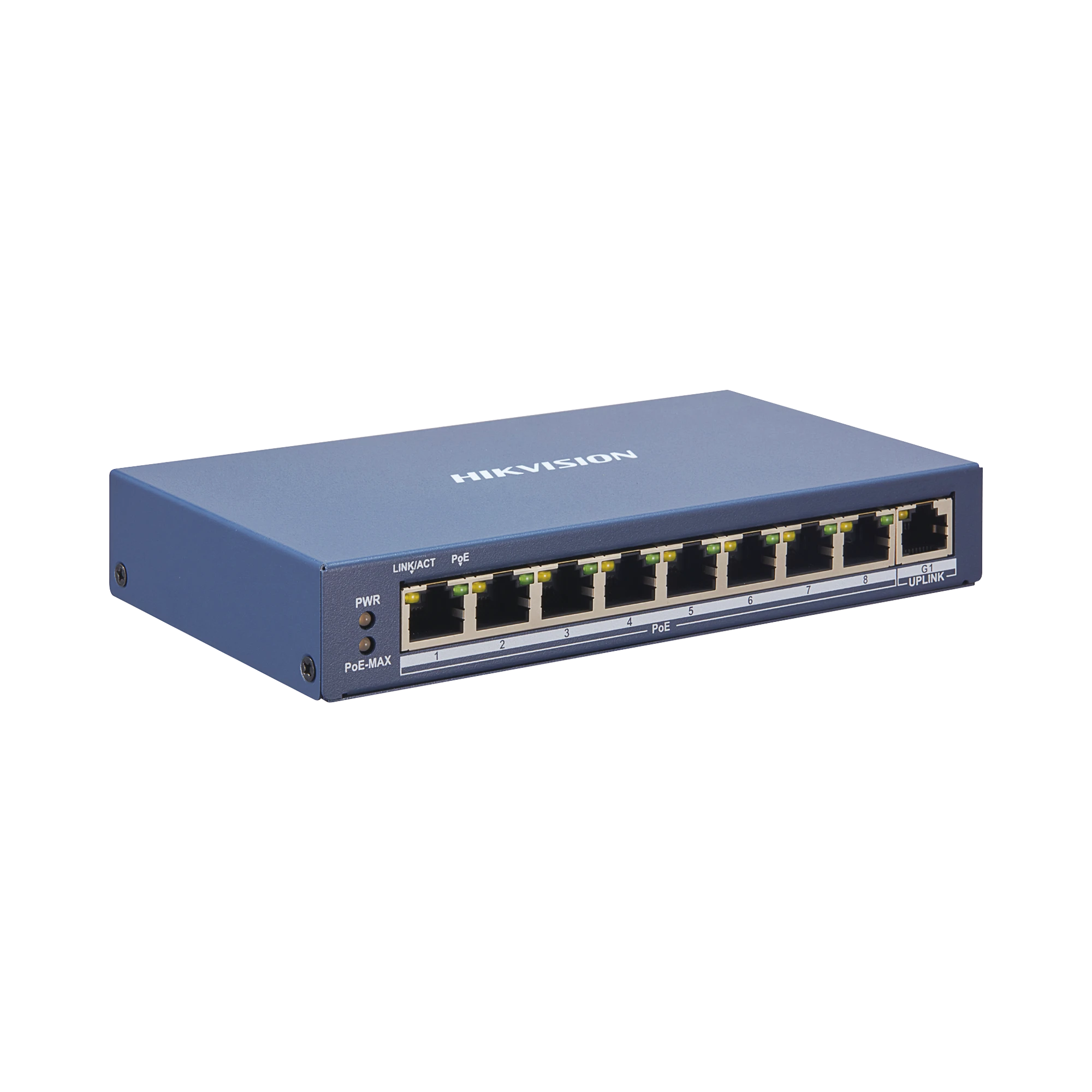 SWITCH MONITOREABLE DE 8 PUERTOS POE+ (HASTA 250 M), 10/100 MBPS, 1 PUERTO RJ45 UPLINK, 110 WATTS, CONEXIÓN REMOTA DESDE HIK-PROCONNECT-Inyectores PoE-HIKVISION-Bsai Seguridad & Controles