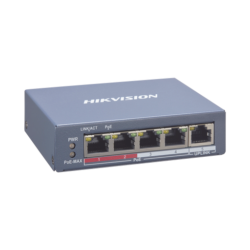 SWITCH MONITOREABLE DE 4 PUERTOS POE+ (HASTA 250 M), 10/100 MBPS, 1 PUERTO RJ45 UPLINK, 60 WATTS, CONEXIÓN REMOTA DESDE HIK-PROCONNECT-Inyectores PoE-HIKVISION-DS-3E1105P-EI-Bsai Seguridad & Controles