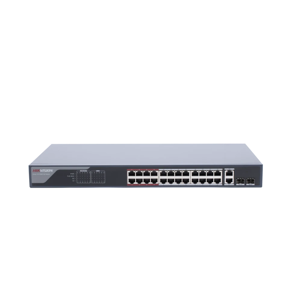 SWITCH MONITOREABLE DE 24 PUERTOS POE+ (HASTA 250 M), 10/100 MBPS, 2 PUERTOS RJ45 + 2 SFP (COMBO), 370 WATTS, CONEXIÓN REMOTA DESDE HIK-PROCONNECT-Inyectores PoE-HIKVISION-Bsai Seguridad & Controles