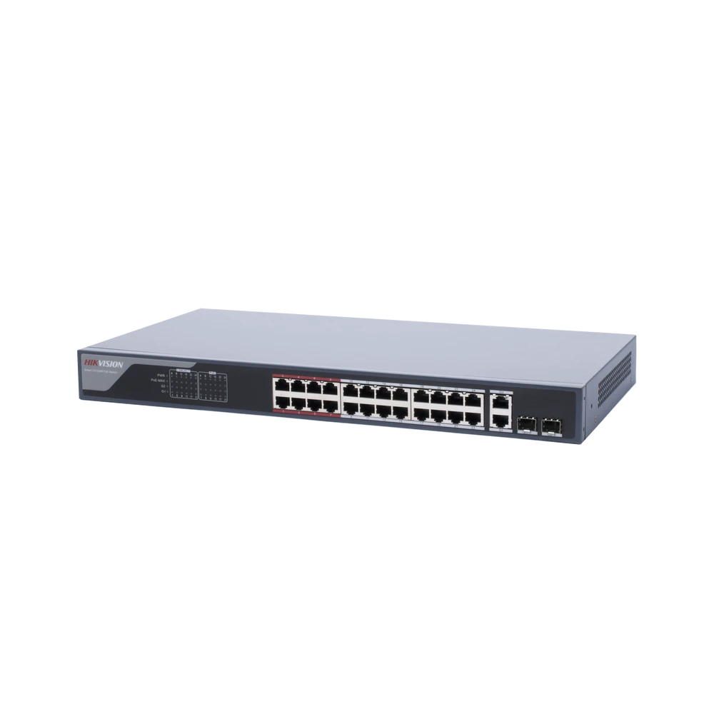 SWITCH MONITOREABLE DE 24 PUERTOS POE+ (HASTA 250 M), 10/100 MBPS, 2 PUERTOS RJ45 + 2 SFP (COMBO), 370 WATTS, CONEXIÓN REMOTA DESDE HIK-PROCONNECT-Inyectores PoE-HIKVISION-Bsai Seguridad & Controles
