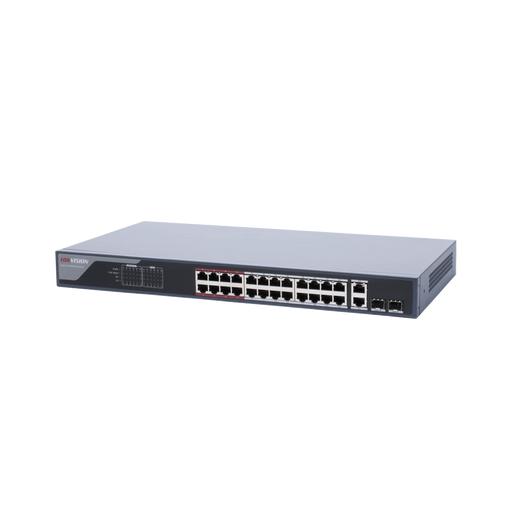 SWITCH MONITOREABLE DE 24 PUERTOS POE+ (HASTA 250 M), 10/100 MBPS, 2 PUERTOS RJ45 + 2 SFP (COMBO), 370 WATTS, CONEXIÓN REMOTA DESDE HIK-PROCONNECT-Inyectores PoE-HIKVISION-DS-3E1326P-EI-Bsai Seguridad & Controles