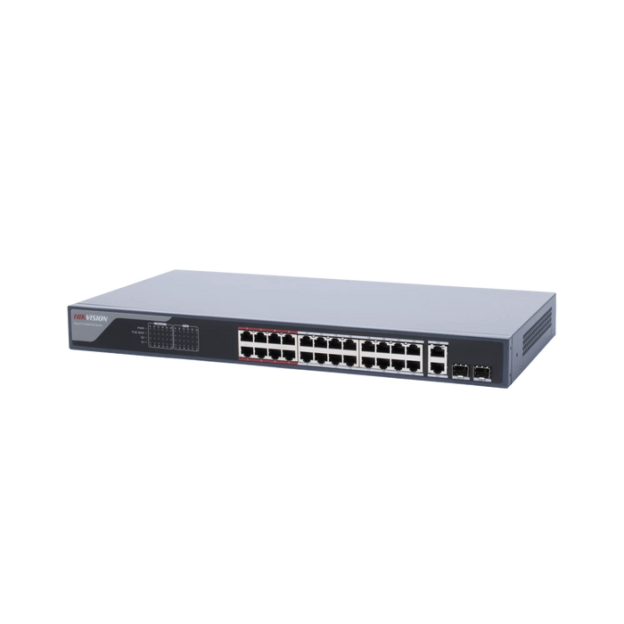 SWITCH MONITOREABLE DE 24 PUERTOS POE+ (HASTA 250 M), 10/100 MBPS, 2 PUERTOS RJ45 + 2 SFP (COMBO), 370 WATTS, CONEXIÓN REMOTA DESDE HIK-PROCONNECT-Inyectores PoE-HIKVISION-DS-3E1326P-EI-Bsai Seguridad & Controles