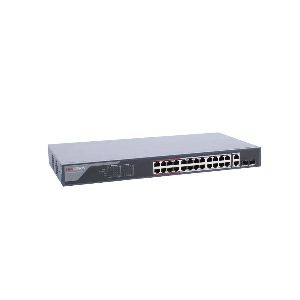 SWITCH MONITOREABLE DE 24 PUERTOS POE+ (HASTA 250 M), 10/100 MBPS, 2 PUERTOS RJ45 + 2 SFP (COMBO), 370 WATTS, CONEXIÓN REMOTA DESDE HIK-PROCONNECT-Inyectores PoE-HIKVISION-Bsai Seguridad & Controles