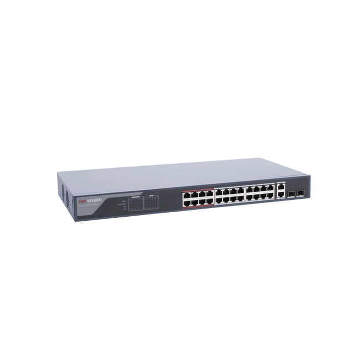 SWITCH MONITOREABLE DE 24 PUERTOS POE+ (HASTA 250 M), 10/100 MBPS, 2 PUERTOS RJ45 + 2 SFP (COMBO), 370 WATTS, CONEXIÓN REMOTA DESDE HIK-PROCONNECT-Inyectores PoE-HIKVISION-DS-3E1326P-EI-Bsai Seguridad & Controles