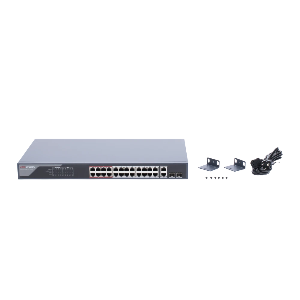 SWITCH MONITOREABLE DE 24 PUERTOS POE+ (HASTA 250 M), 10/100 MBPS, 2 PUERTOS RJ45 + 2 SFP (COMBO), 370 WATTS, CONEXIÓN REMOTA DESDE HIK-PROCONNECT-Inyectores PoE-HIKVISION-Bsai Seguridad & Controles