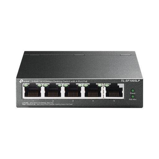 SWITCH POE NO ADMINISTRABLE DE ESCRITORIO 5 PUERTOS 10/100 MBPS, 4 PUERTOS POE, 41 W, MODO EXTENSOR POE HASTA 250 METROS.-Inyectores PoE-TP-LINK-TLSF1005LP-Bsai Seguridad & Controles