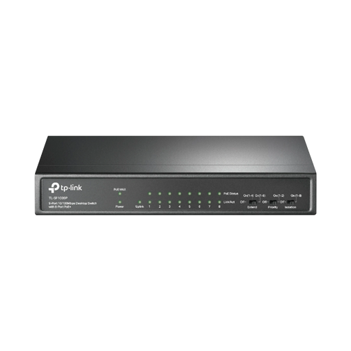 SWITCH POE NO ADMINISTRABLE DE ESCRITORIO 9 PUERTOS 10/100 MBPS, 8 PUERTOS POE, 65 W-Inyectores PoE-TP-LINK-TLSF1009P-Bsai Seguridad & Controles