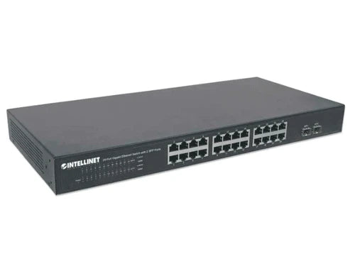 INTELLINET 561044 - SWITCH DE 24 PUERTOS GIGABIT ETHERNET CON 2 PUERTOS SFP / 10/100/1000 MBPS RJ45 + 2 PUERTOS SFP, IEEE 802.3AZ (ENERGY EFFICIENT ETHERNET), PARA MONTAJE EN RACK DE 19", CHASIS METÁLICO-Switches-INTELLINET-Bsai Seguridad & Controles