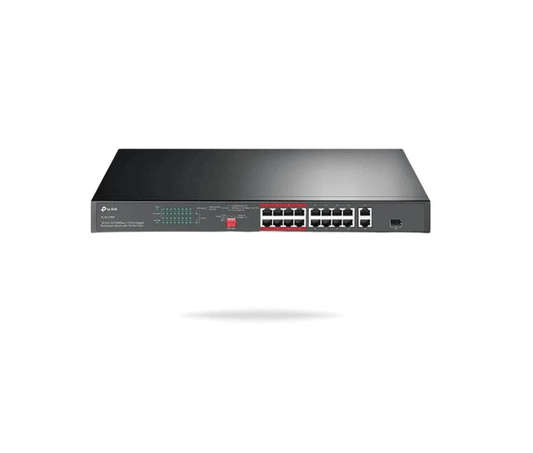 TP-LINK TL-SL1218P - SWITCH POE+ NO ADMINISTRABLE 16 PUERTOS 10/100 MBPS + 2 PUERTOS 10/100/1000 MBPS + 1 PUERTO SFP, 8 PUERTOS EXTENSOR POE (HASTA 250 M), 150W, DISEÑO PARA VIGILANCIA IP-Switches POE-TP-LINK-Bsai Seguridad & Controles
