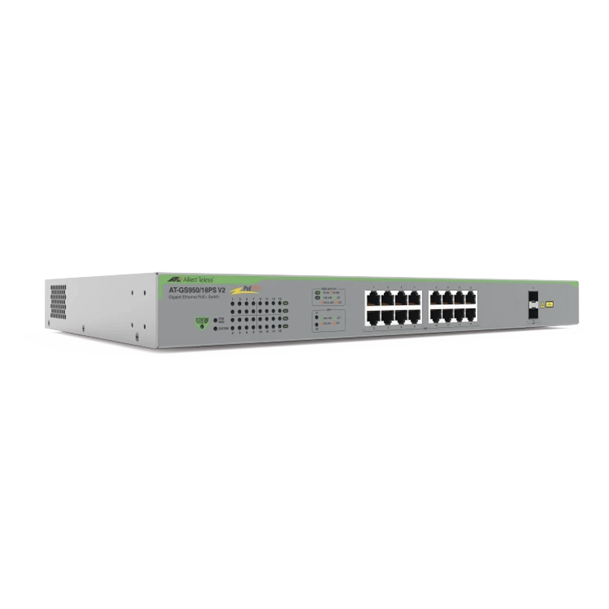SWITCH POE+ GIGABIT WEBSMART DE 16 PUERTOS 10/100/1000 MBPS (2 X COMBO) + 2 PUERTOS GIGABIT SFP (COMBO), 185 W-Networking-ALLIED TELESIS-Bsai Seguridad & Controles