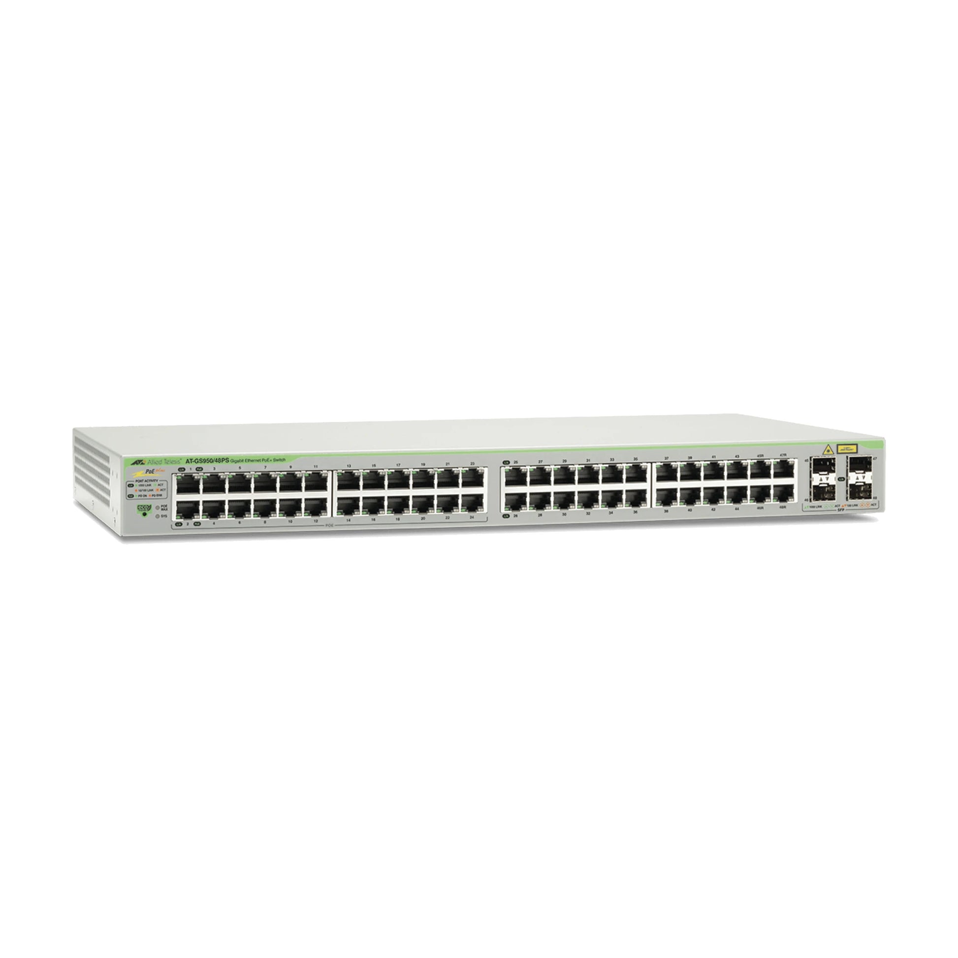 SWITCH POE+ GIGABIT WEBSMART DE 48 PUERTOS 10/100/1000 MBPS (24 PUERTOS POE) + 4 PUERTOS GIGABIT SFP (COMBO), 370 W-Inyectores PoE-ALLIED TELESIS-Bsai Seguridad & Controles