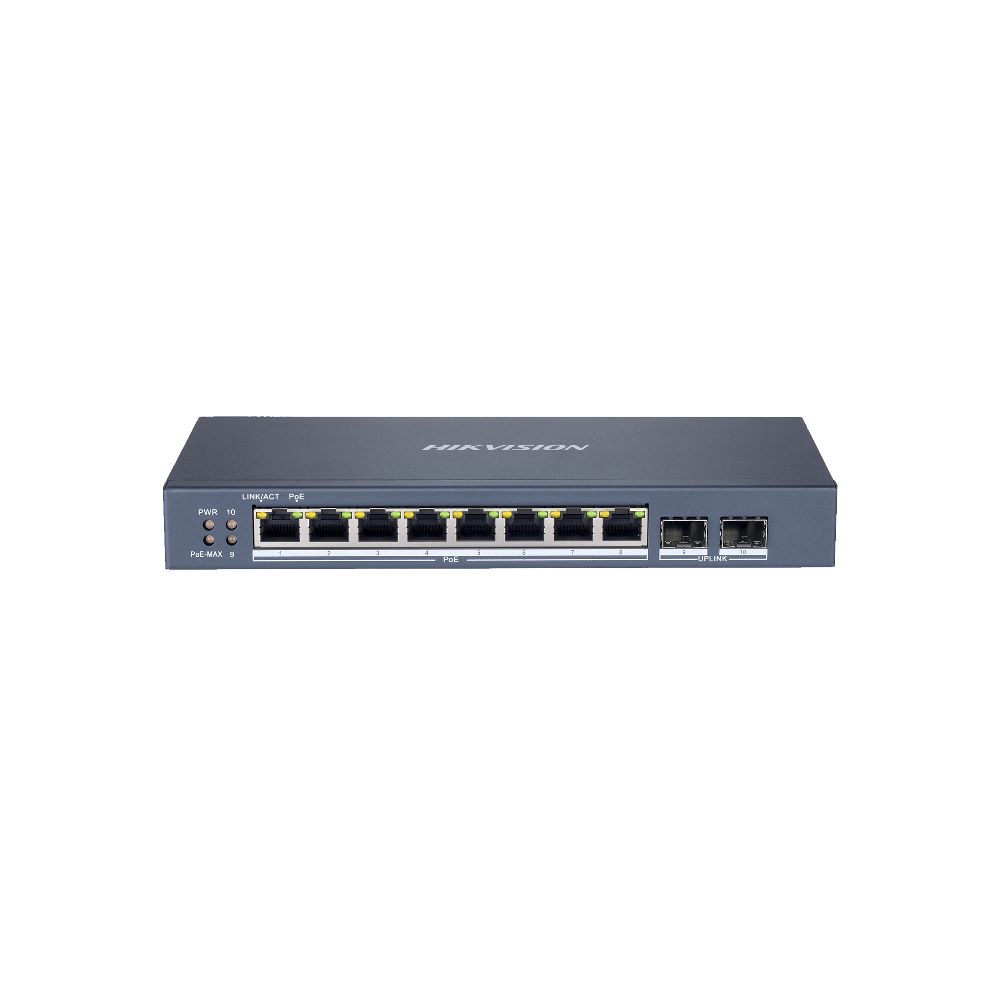 SWITCH ADMINISTRABLE DE 8 PUERTOS POE+ (HASTA 250 M), 10/100/1000 MBPS, 2 PUERTOS SFP, 110 WATTS, CONFIGURACIÓN REMOTA DESDE HIK-PROCONNECT-Inyectores PoE-HIKVISION-Bsai Seguridad & Controles