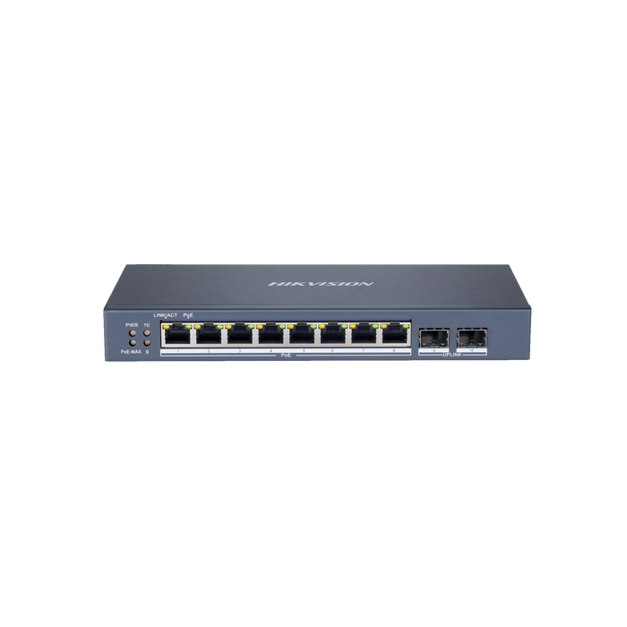 SWITCH ADMINISTRABLE DE 8 PUERTOS POE+ (HASTA 250 M), 10/100/1000 MBPS, 2 PUERTOS SFP, 110 WATTS, CONFIGURACIÓN REMOTA DESDE HIK-PROCONNECT-Inyectores PoE-HIKVISION-DS-3E1510P-SI-Bsai Seguridad & Controles