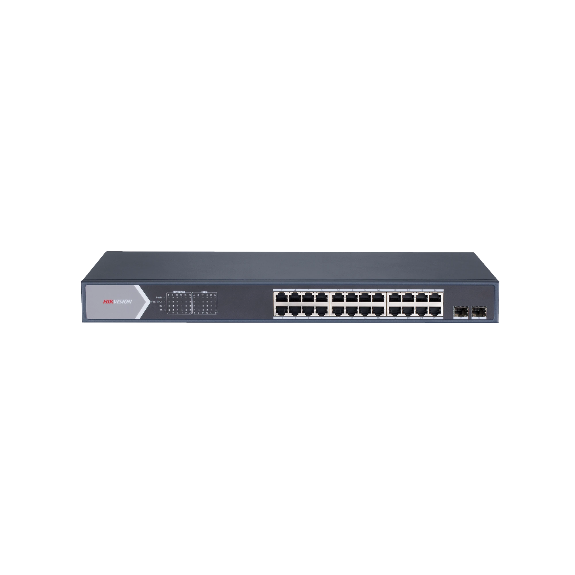 SWITCH ADMINISTRABLE DE 24 PUERTOS POE+ (HASTA 250 M), 10/100/1000 MBPS, 2 PUERTOS SFP, 370 WATTS, CONFIGURACIÓN REMOTA DESDE HIK-PROCONNECT-Inyectores PoE-HIKVISION-Bsai Seguridad & Controles