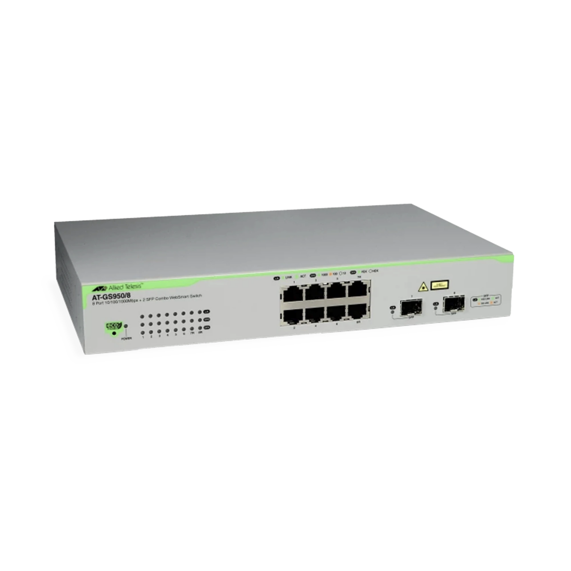 SWITCH WEBSMART CON 8 PORT 10/100/1000TX, 2 X 100/1000 SFP (ECO VERSION)-Networking-ALLIED TELESIS-Bsai Seguridad & Controles