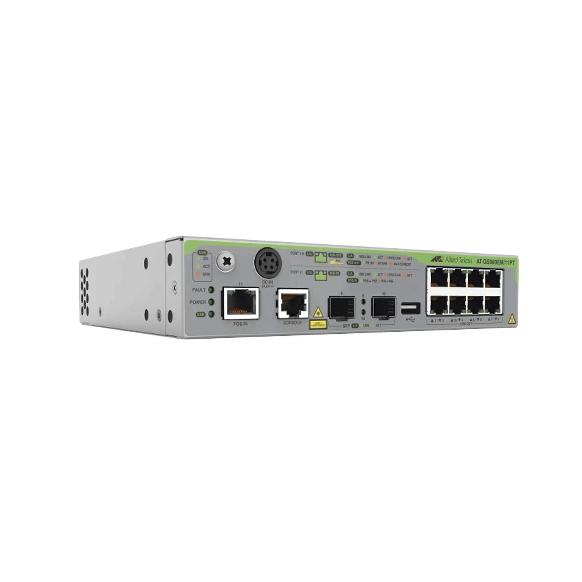SWITCH GIGABIT L3, 8X 10/100/1000-T POE+, 1X 10/100/1000-T POE-IN, 2X SFP, 1X PSU, POE PASS-THROUGH-Networking-ALLIED TELESIS-Bsai Seguridad & Controles
