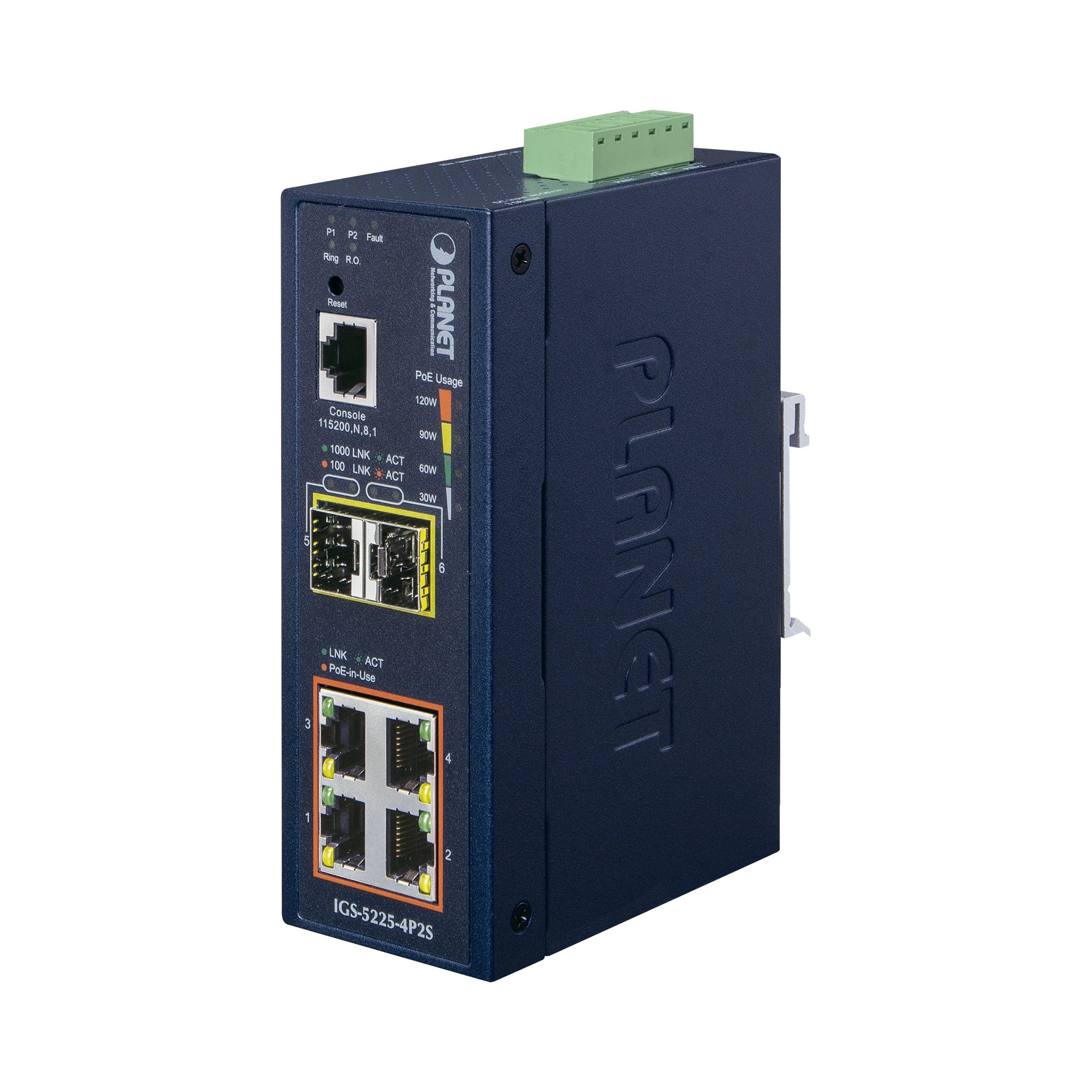 SWITCH INDUSTRIAL ADMINISTRABLE CAPA 2, 4 PUERTOS POE 802.3AF/AT 10/100/1000T, 2 PUERTOS SFP 100/1000X-Networking-PLANET-Bsai Seguridad & Controles