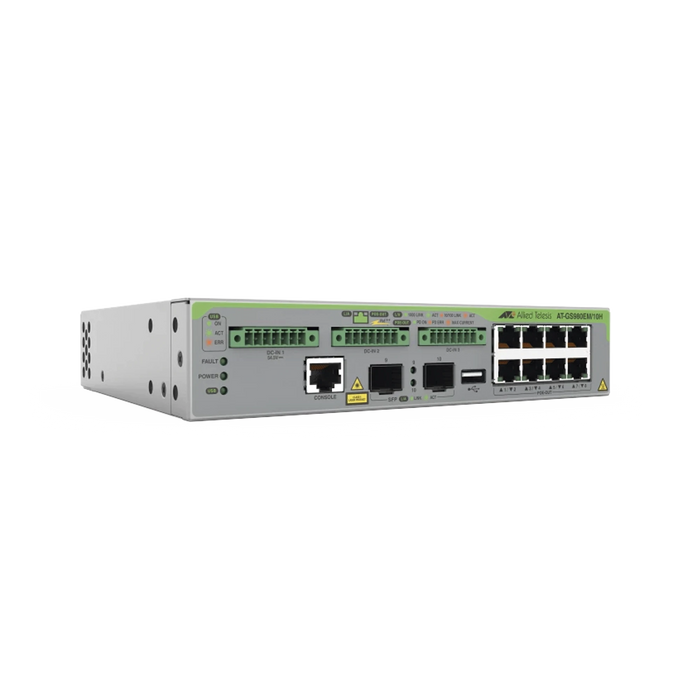 SWITCH GIGABIT L3, 8 PUERTOS 1000T POE++, 2 PUERTOS 100/1000X SFP, 3 PUERTOS ENTRADA DC-Networking-ALLIED TELESIS-AT-GS980EM/10H-Bsai Seguridad & Controles