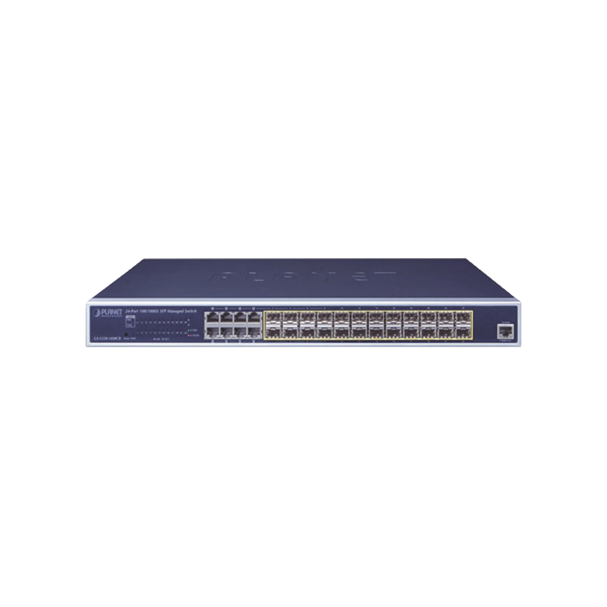SWITCH ADMINISTRABLE CAPA 2 CON FUENTE DE ALIMENTACIÓN REDUNDANTE, 24 PUERTOS SFP GIGABIT 100/1000X, 8 PUERTOS COMBO RJ45 GIGABIT.-Switches-PLANET-Bsai Seguridad & Controles