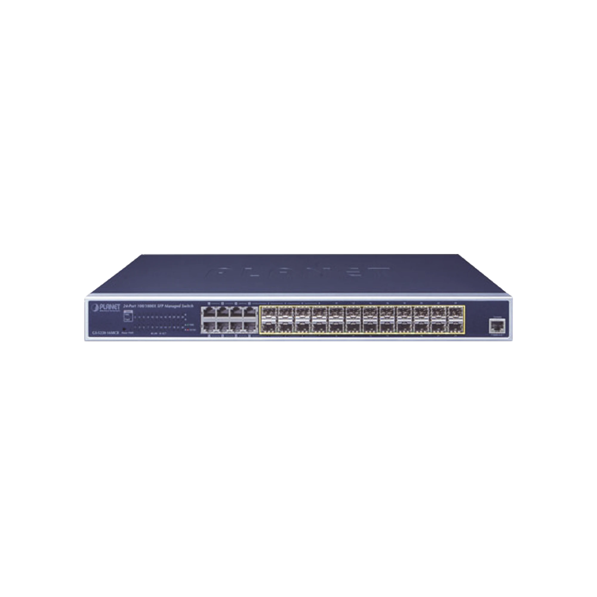 SWITCH ADMINISTRABLE CAPA 2 CON FUENTE DE ALIMENTACIÓN REDUNDANTE, 24 PUERTOS SFP GIGABIT 100/1000X, 8 PUERTOS COMBO RJ45 GIGABIT.-Switches-PLANET-Bsai Seguridad & Controles