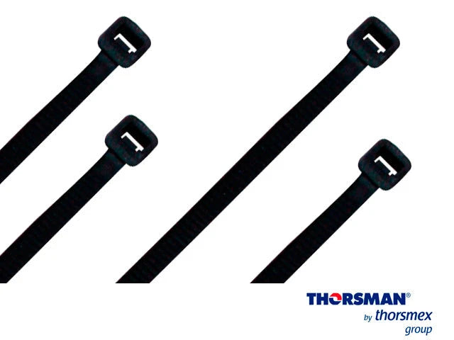 CINCHO NYLON TH-360 THORSMAN 4200-05001 COLOR NEGRO A 4.8MM- L 368 MM BOLSA/100PZS DIAMETRO MAXIMO CAPACIDAD DE ATADO 105MM, FABRICADO EN POLIAMIDA (NYLON 66), GRADO DE FLAMABILIDAD UL 94 V-2, RESISTENTE A LA CORROSIÓN, HUMEDAD Y CLIMAS EXTREMOS, TENS...-Fijacion-THORSMAN-Bsai Seguridad & Controles