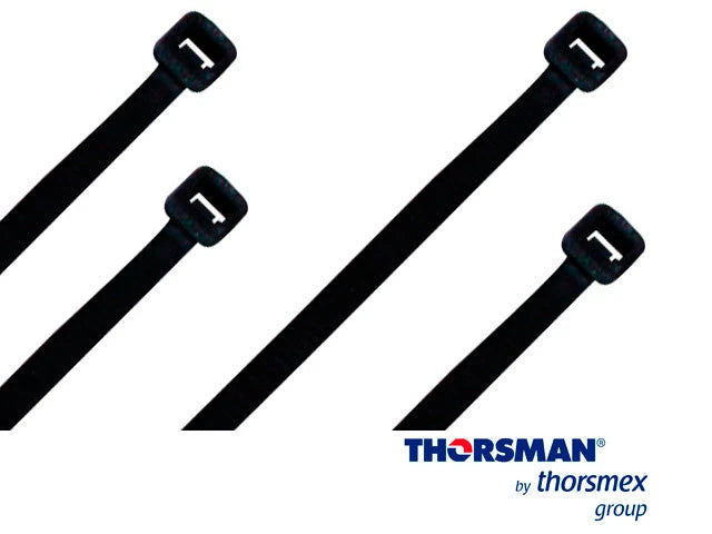 CINCHO NYLON TH-100 THORSMAN 4200-01001 COLOR NEGRO A 2.5MM- L 100MM BOLSA/100PZS DIAMETRO MAXIMO CAPACIDAD DE ATADO 22MM, FABRICADO EN POLIAMIDA (NYLON 66), GRADO DE FLAMABILIDAD UL 94 V-2, RESISTENTE A LA CORROSIÓN, HUMEDAD Y CLIMAS EXTREMOS, TENSIÓ...-Fijacion-THORSMAN-Bsai Seguridad & Controles