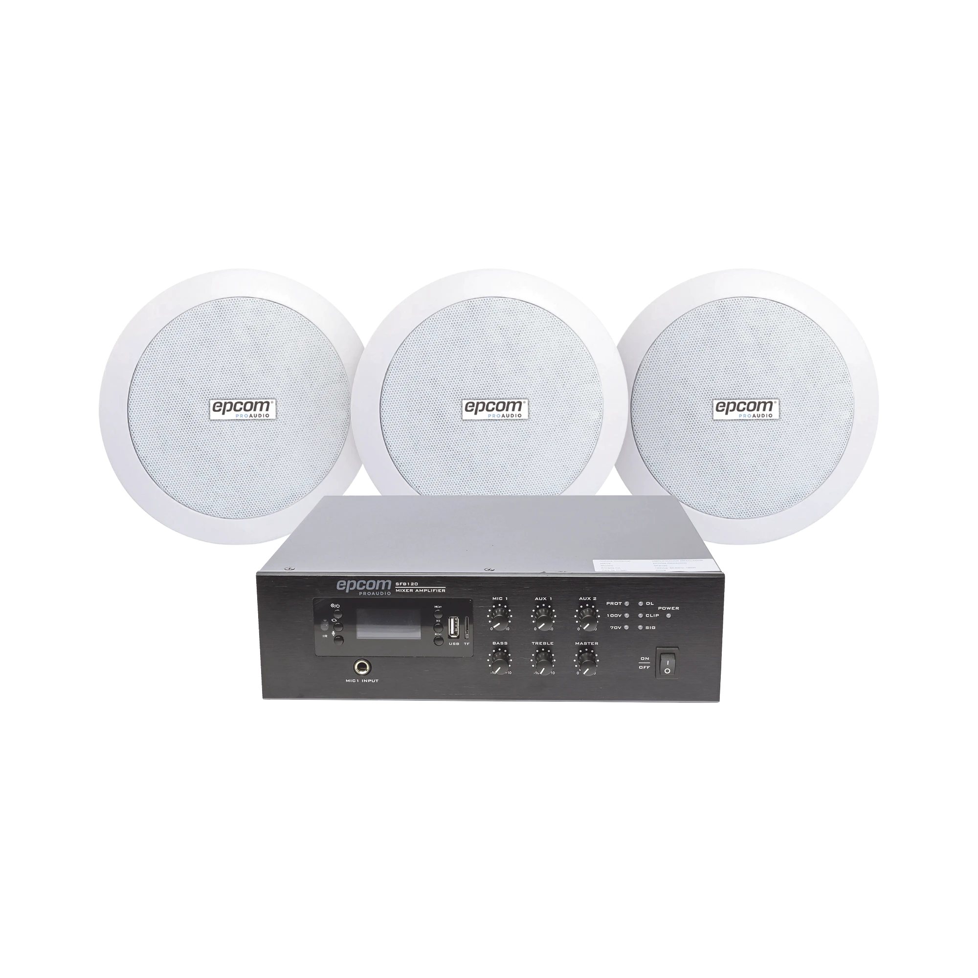 KIT DE AMPLIFICADOR DE 120W PARA ESCRITORIO | 3 ALTAVOCES DE PLAFÓN DE 5.5IN | 3.75 - 30W | SISTEMA 70/100V-Audio, Video y Voceo-EPCOM PROAUDIO-Bsai Seguridad & Controles