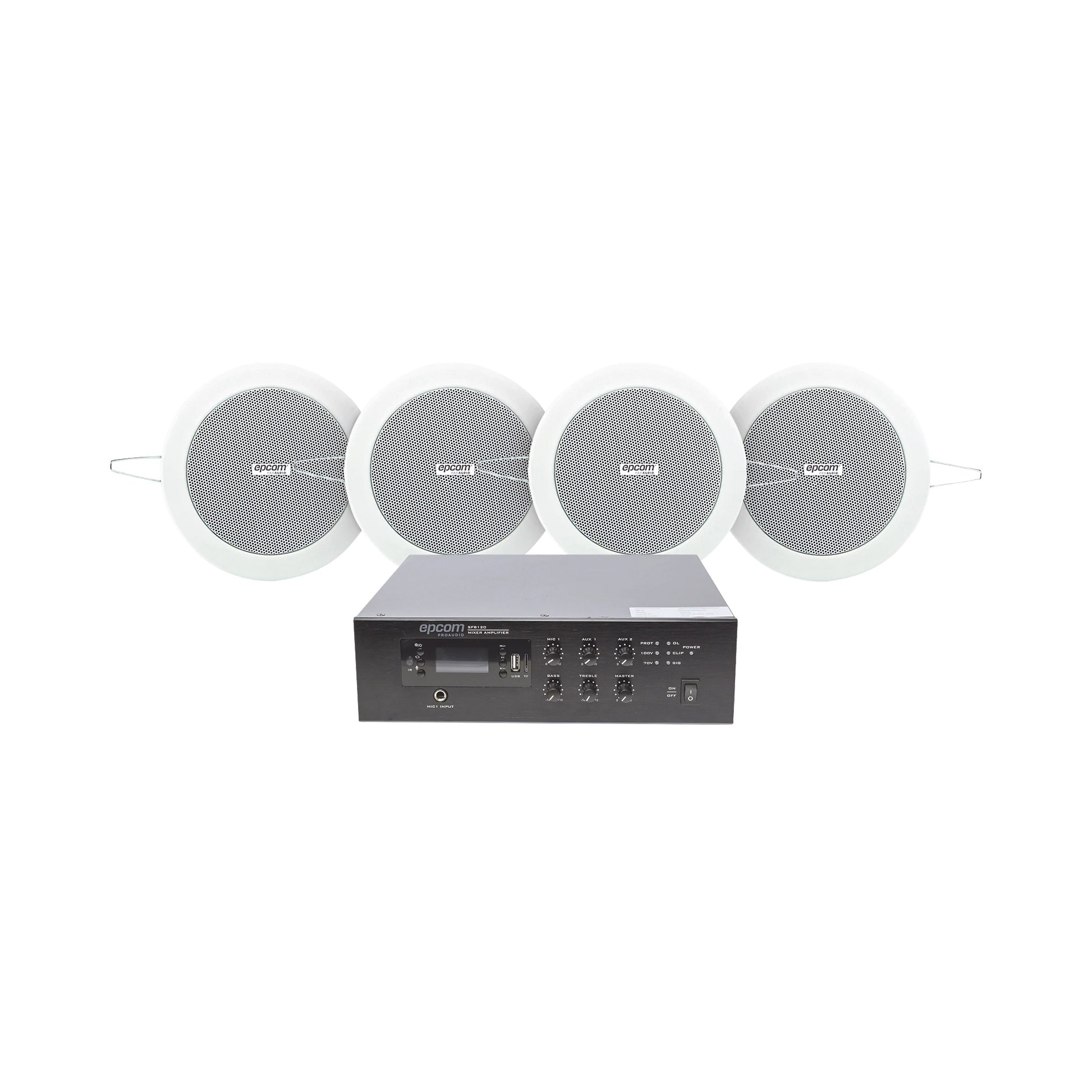 KIT DE AMPLIFICADOR DE 120W PARA ESCRITORIO | 4 ALTAVOCES DE PLAFÓN DE 4IN | 3 - 6W | SISTEMA 70/100V-Audio, Video y Voceo-EPCOM PROAUDIO-Bsai Seguridad & Controles
