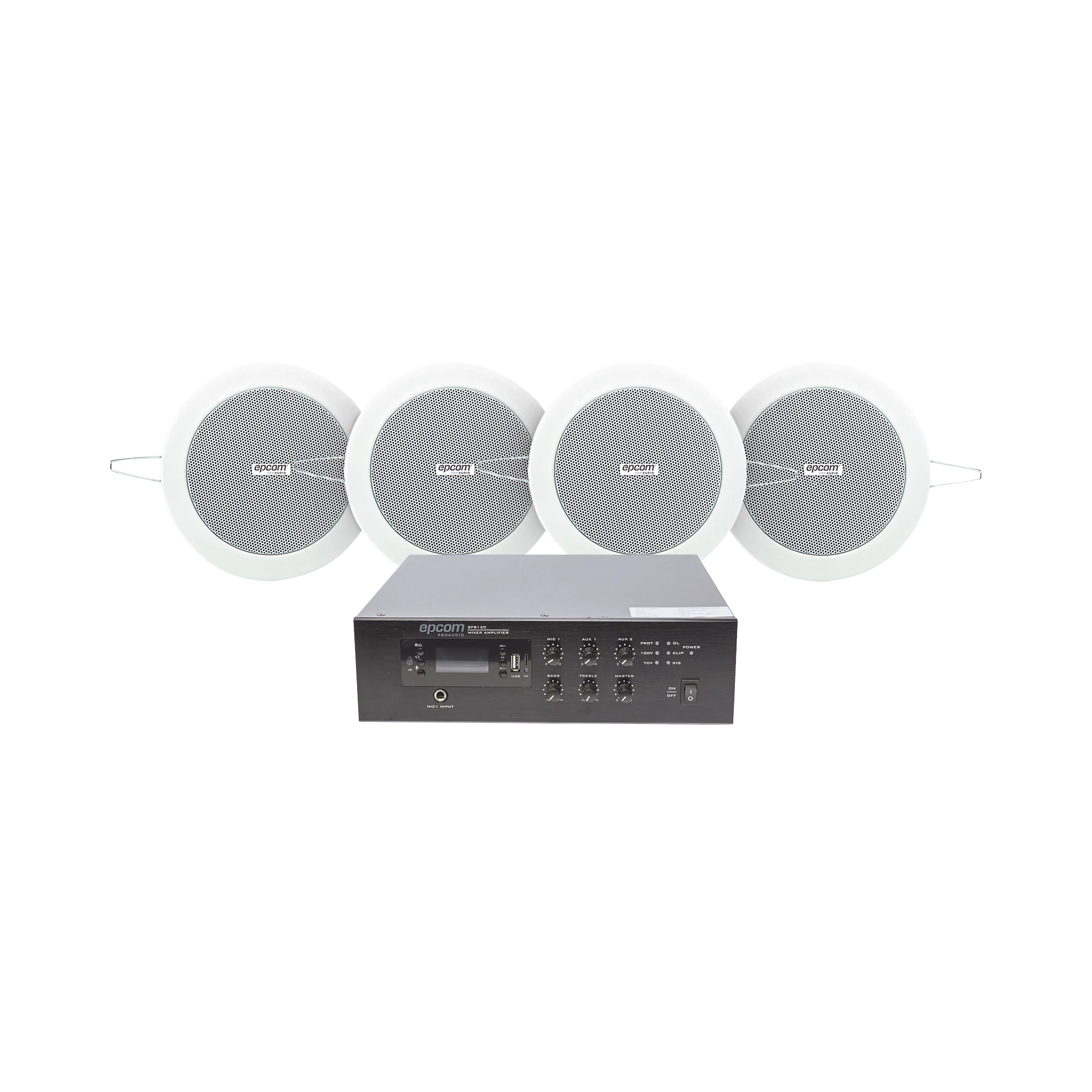 KIT DE AMPLIFICADOR DE 120W PARA ESCRITORIO | 4 ALTAVOCES DE PLAFÓN DE 4IN | 3 - 6W | SISTEMA 70/100V-Audio, Video y Voceo-EPCOM PROAUDIO-Bsai Seguridad & Controles