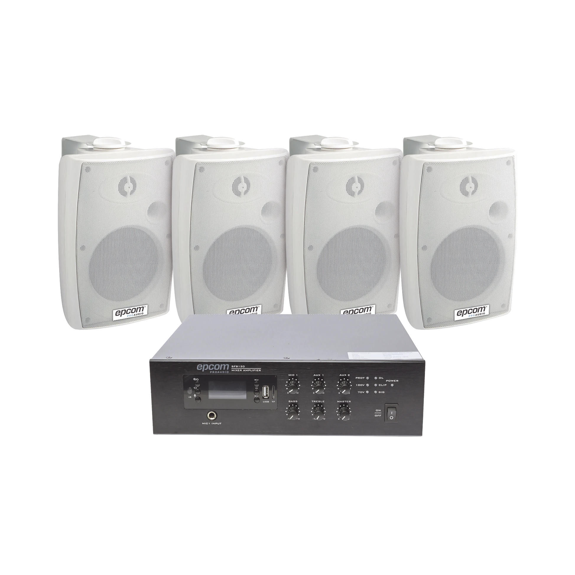 KIT DE AMPLIFICADOR DE 120W PARA ESCRITORIO | 4 ALTAVOCES DE PARED COLOR BLANCO 2.5W - 20W | SISTEMA 70/100V-Audio, Video y Voceo-EPCOM PROAUDIO-Bsai Seguridad & Controles