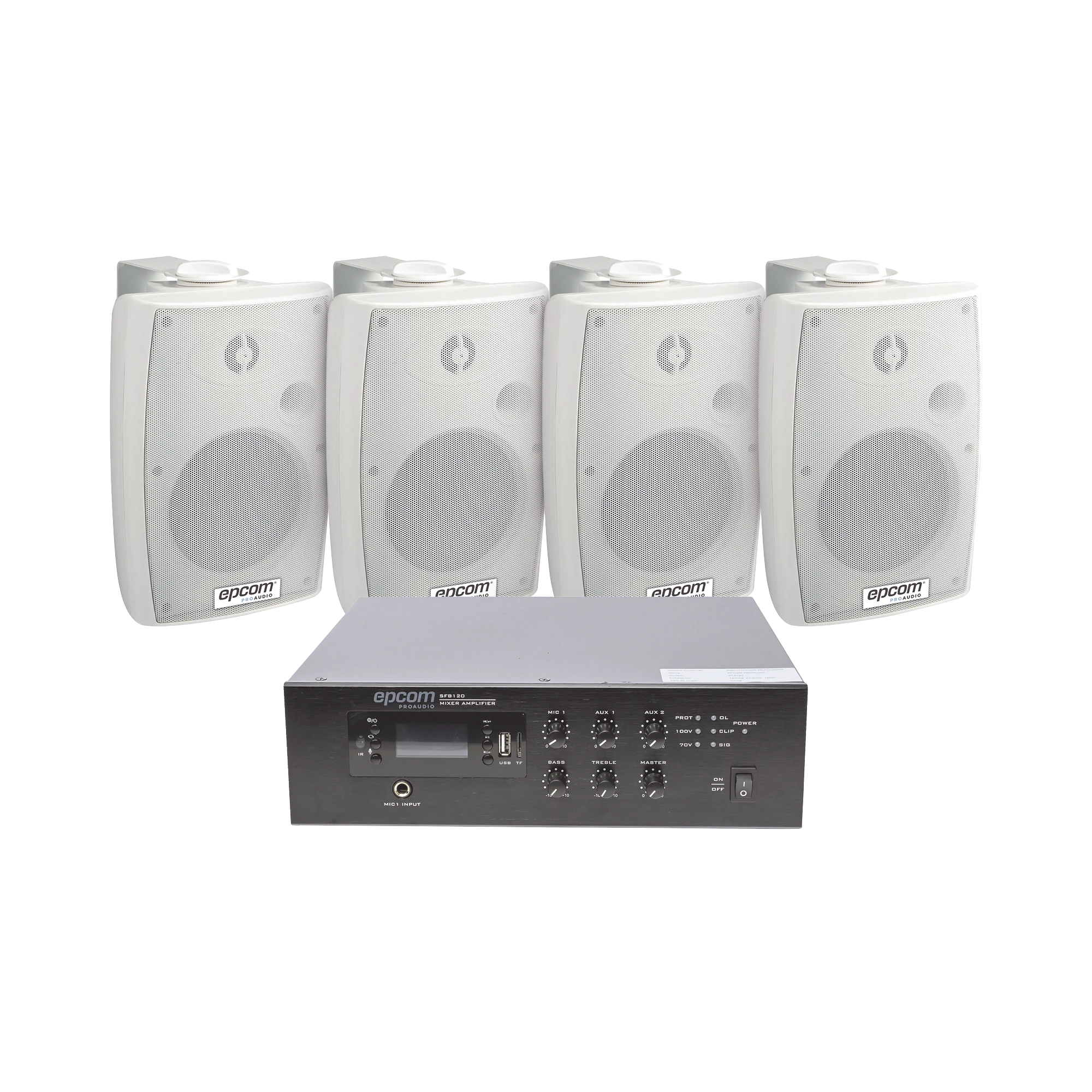 KIT DE AMPLIFICADOR DE 120W PARA ESCRITORIO | 4 ALTAVOCES DE PARED COLOR BLANCO 2.5W - 20W | SISTEMA 70/100V-Audio, Video y Voceo-EPCOM PROAUDIO-Bsai Seguridad & Controles