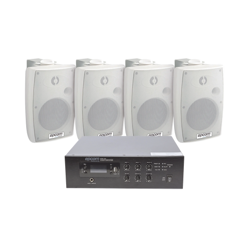 KIT DE AMPLIFICADOR DE 120W PARA ESCRITORIO | 4 ALTAVOCES DE PARED COLOR BLANCO 2.5W - 20W | SISTEMA 70/100V-Audio, Video y Voceo-EPCOM PROAUDIO-SFB120/4WSW-Bsai Seguridad & Controles