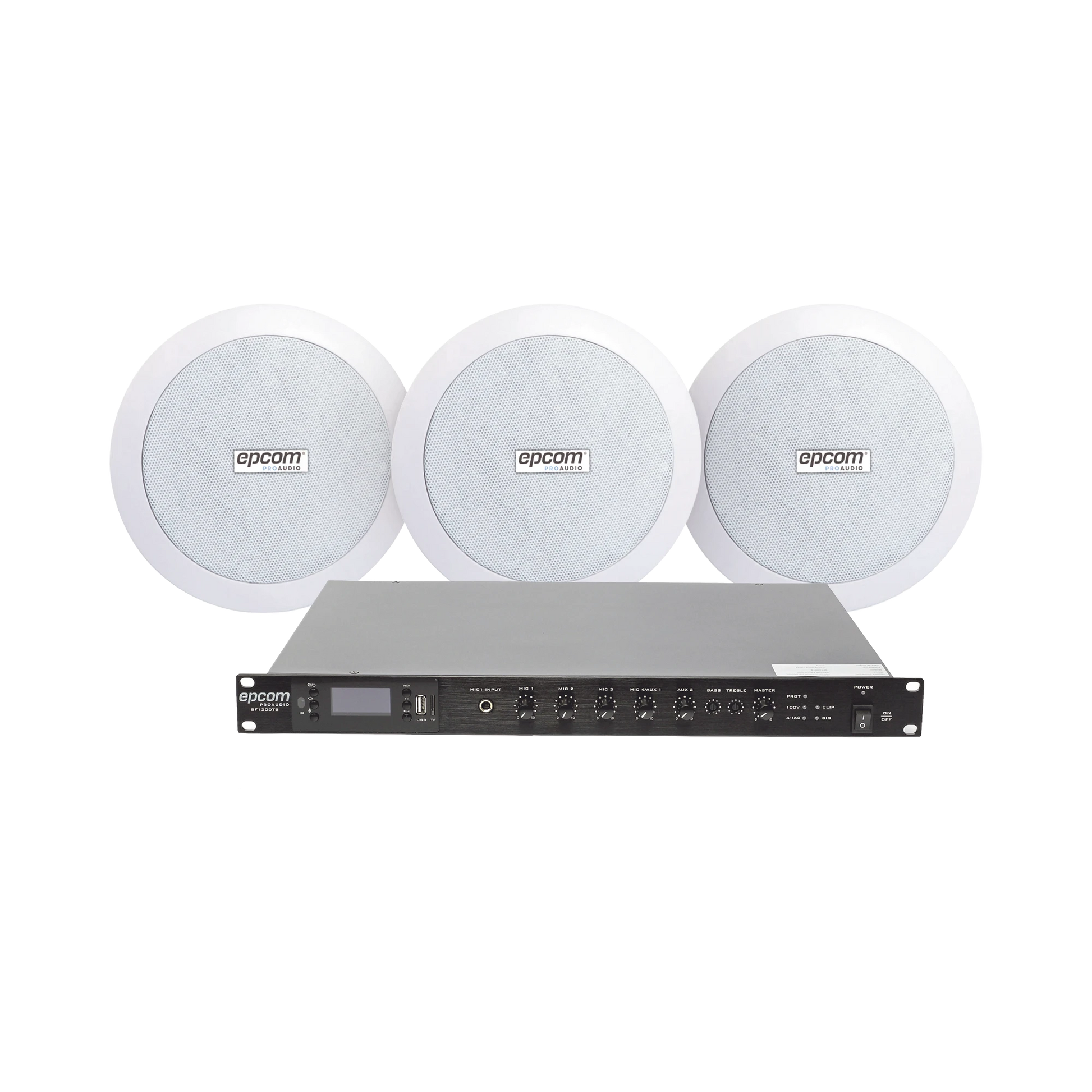 KIT DE AMPLIFICADOR DE 120W PARA RACK SF120DTB | 3 ALTAVOCES DE PLAFÓN DE 5.5IN SF-206P | 3.75 - 30W | SISTEMA 70/100V-Audio residencial/Comercial-EPCOM PROAUDIO-Bsai Seguridad & Controles