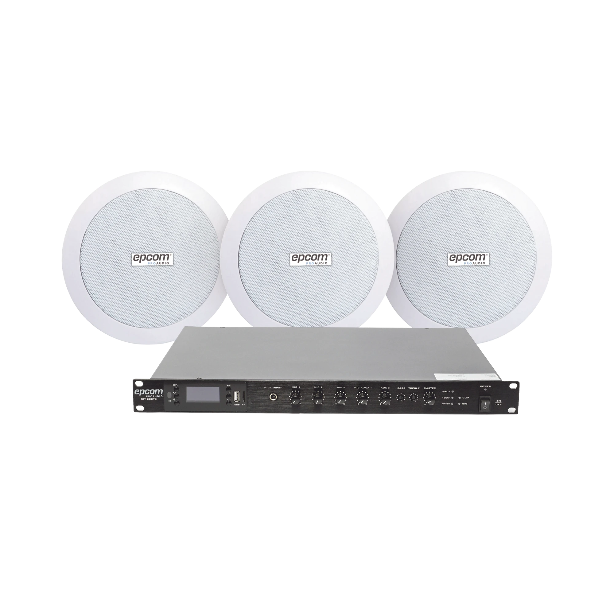 KIT DE AMPLIFICADOR DE 120W PARA RACK SF120DTB | 3 ALTAVOCES DE PLAFÓN DE 5.5IN SF-206P | 3.75 - 30W | SISTEMA 70/100V-Audio residencial/Comercial-EPCOM PROAUDIO-Bsai Seguridad & Controles