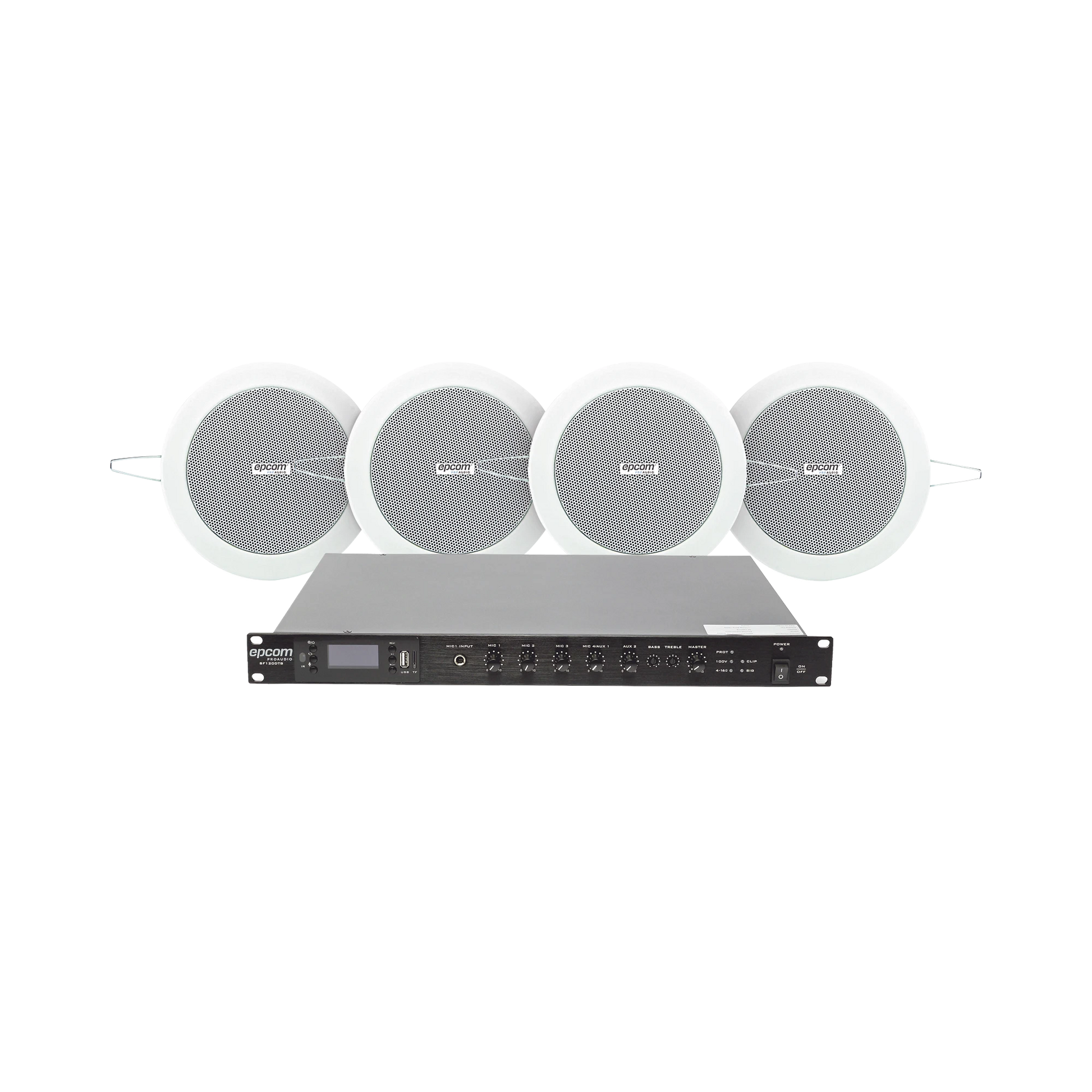 KIT DE AMPLIFICADOR DE 120W PARA ESCRITORIO | 4 ALTAVOCES DE PLAFÓN DE 4IN | 3 - 6W | SISTEMA 70/100V-Audio residencial/Comercial-EPCOM PROAUDIO-Bsai Seguridad & Controles