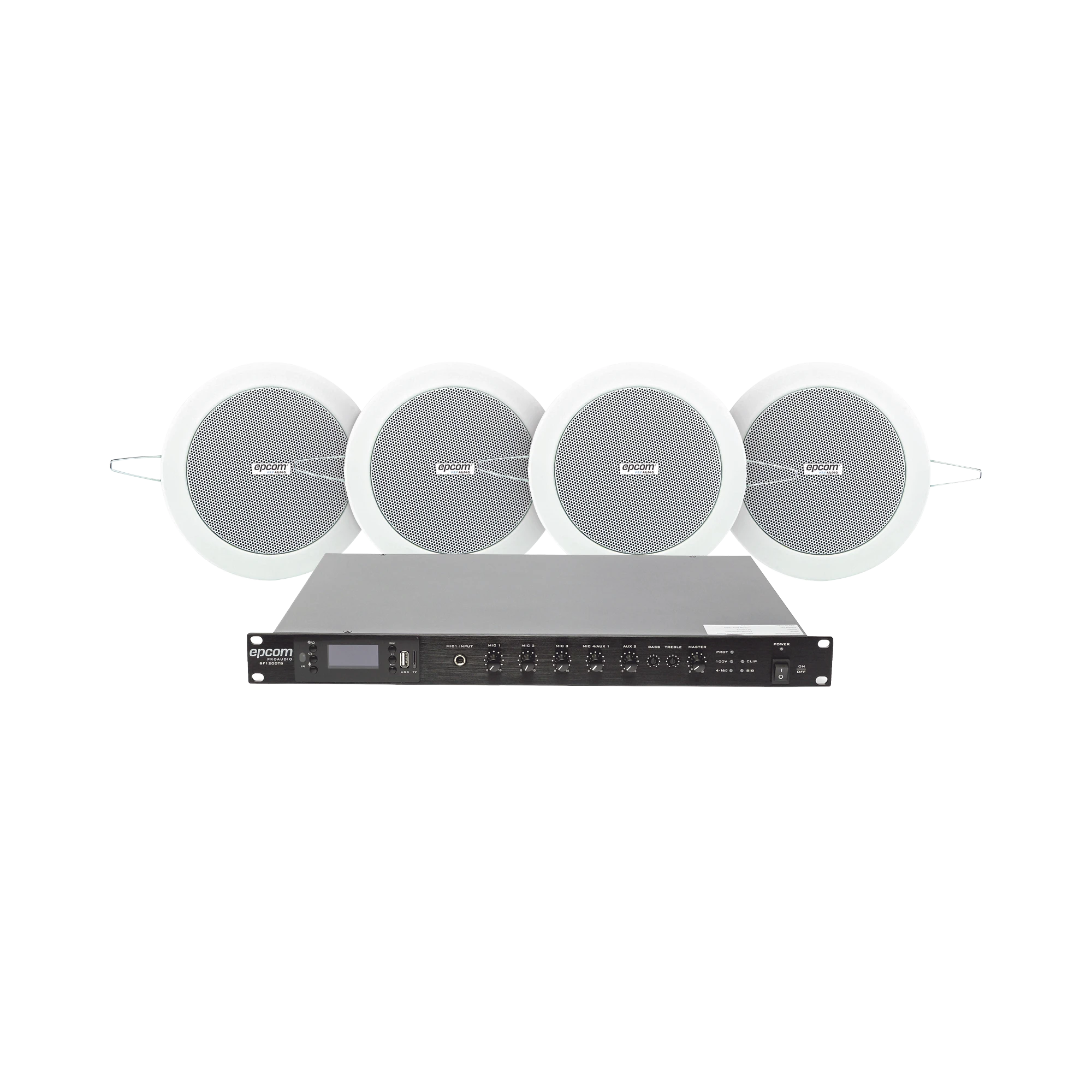 KIT DE AMPLIFICADOR DE 120W PARA ESCRITORIO | 4 ALTAVOCES DE PLAFÓN DE 4IN | 3 - 6W | SISTEMA 70/100V-Audio residencial/Comercial-EPCOM PROAUDIO-Bsai Seguridad & Controles