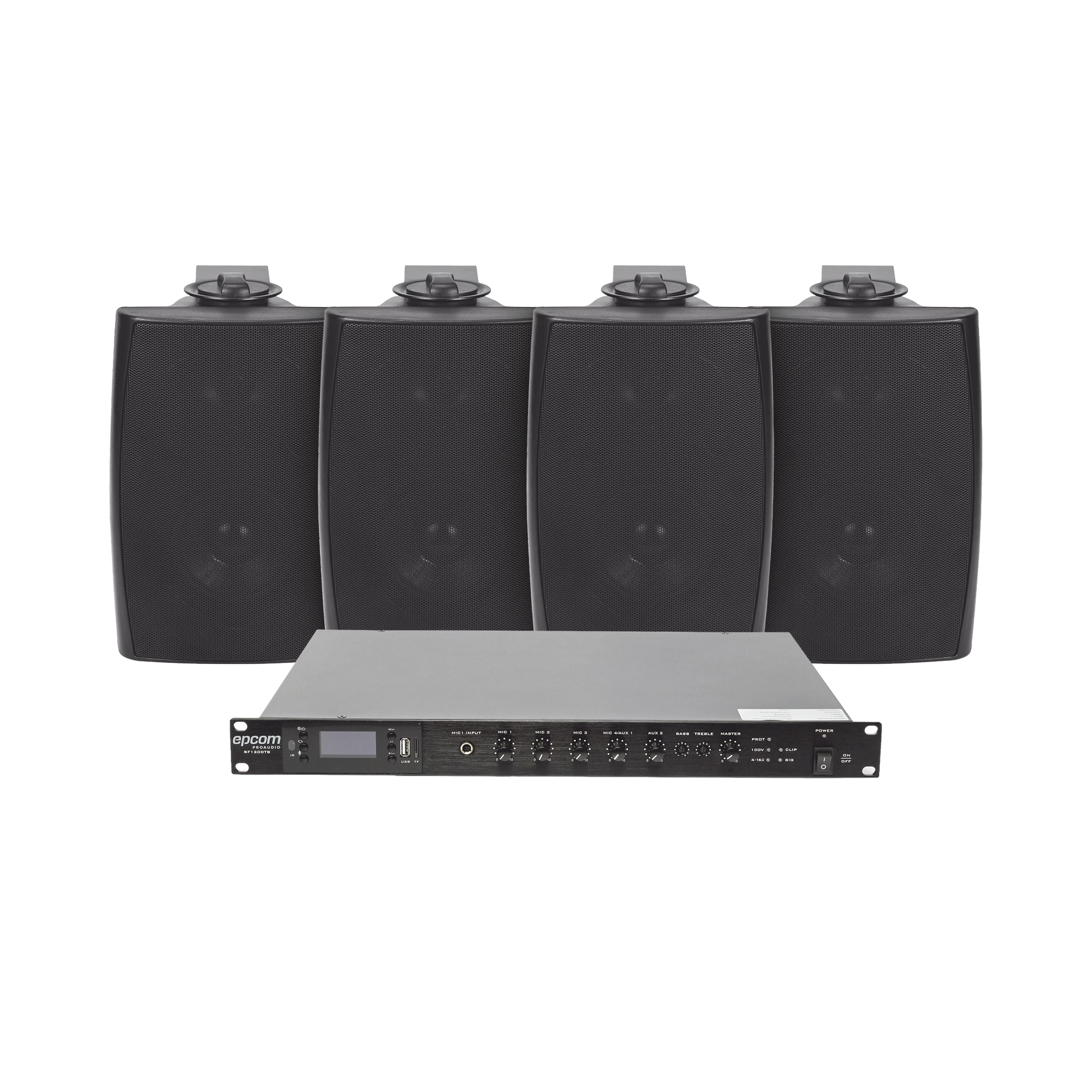 KIT DE AMPLIFICADOR DE AUDIO 120W PARA RACK | 4 ALTAVOCES DE PARED COLOR NEGRO 2.5W - 20W | SISTEMA 70/100V-Audio residencial/Comercial-EPCOM PROAUDIO-Bsai Seguridad & Controles