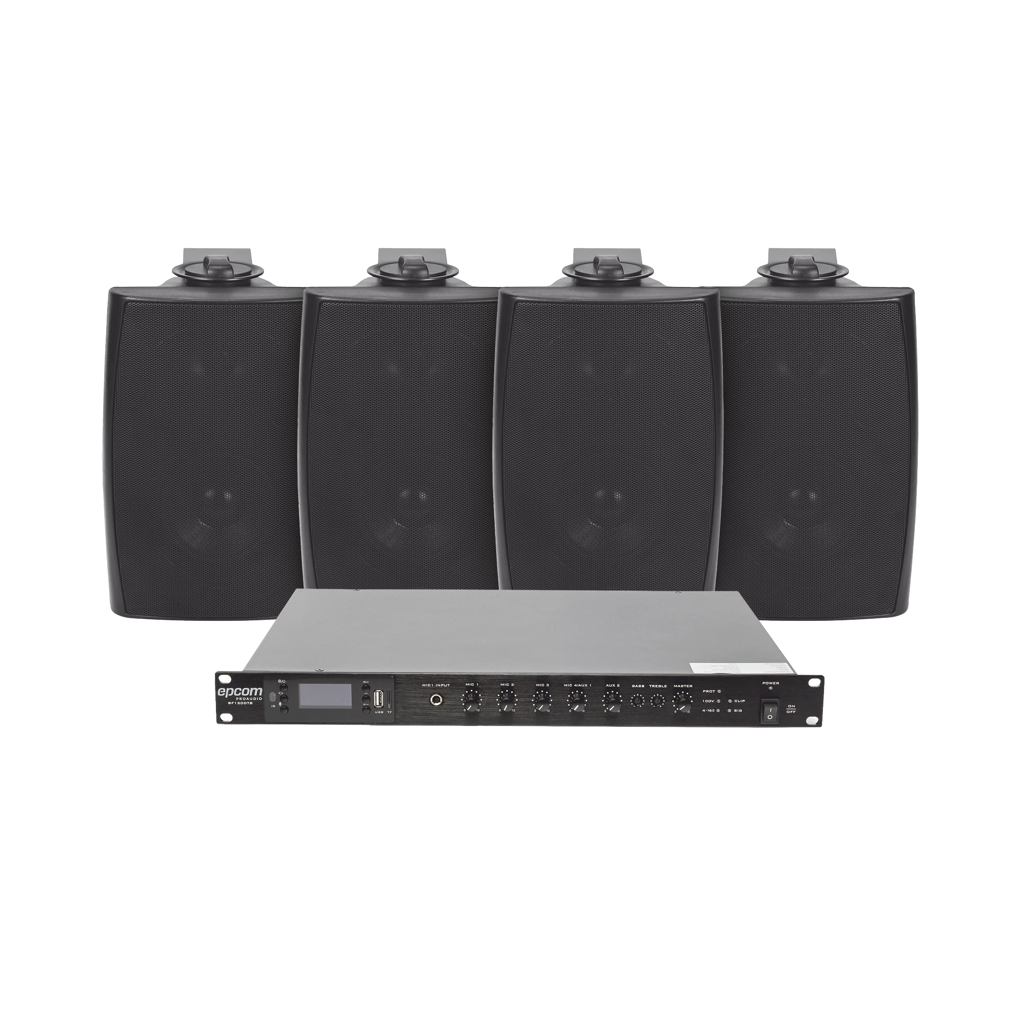KIT DE AMPLIFICADOR DE AUDIO 120W PARA RACK | 4 ALTAVOCES DE PARED COLOR NEGRO 2.5W - 20W | SISTEMA 70/100V-Audio residencial/Comercial-EPCOM PROAUDIO-Bsai Seguridad & Controles